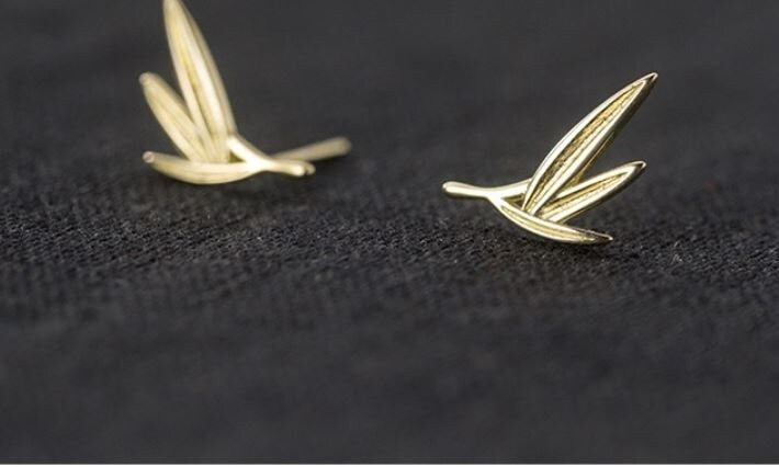 14k Gold over 925 Silver Bamboo Leaf Earrings, Branch Leaf Earring, Dainty Plant Earrings, Unique Earrings, Minimalist, Gifts, E254