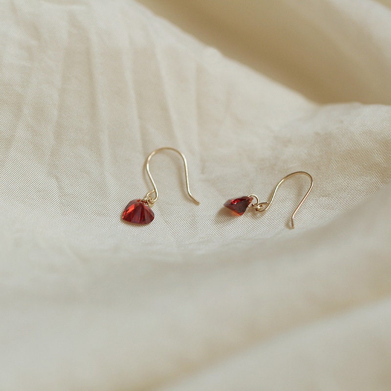 Gold Plated 925 Silver Ruby CZ Heart Drop & Dangle Earrings, Dainty Red Heart Drop Hook Earrings, Minimalist Gold Drop Earring, E230