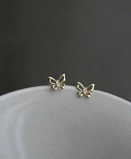 1 Pair | 14k Gold Plated Sterling Silver Butterfly CZ Stud Earrings, Gold Butterfly Earrings, Animal Earrings,  Minimalist Earrings, E255