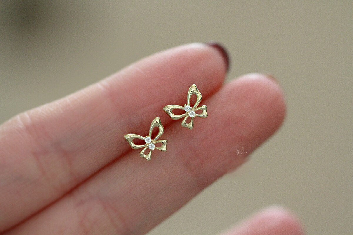 1 Pair | 14k Gold Plated Sterling Silver Butterfly CZ Stud Earrings, Gold Butterfly Earrings, Animal Earrings,  Minimalist Earrings, E255