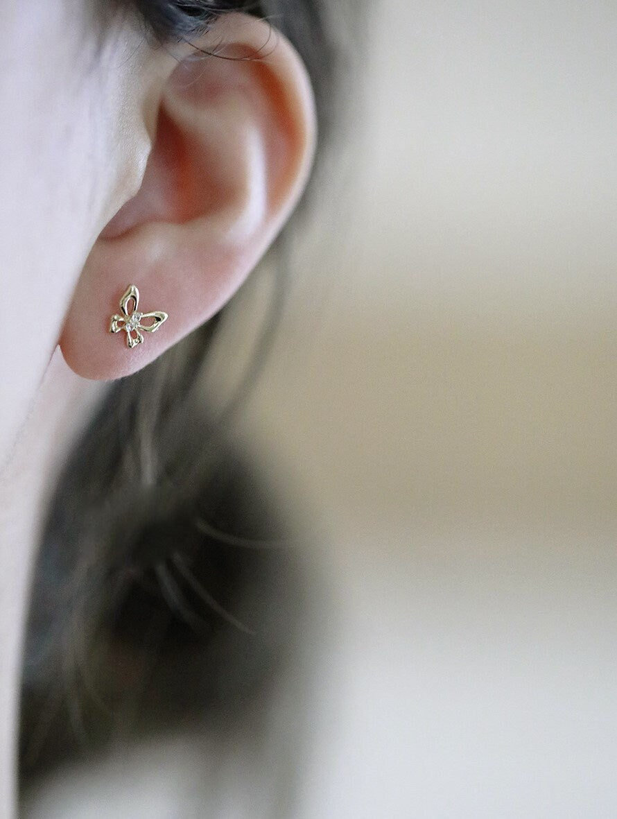 1 Pair | 14k Gold Plated Sterling Silver Butterfly CZ Stud Earrings, Gold Butterfly Earrings, Animal Earrings,  Minimalist Earrings, E255