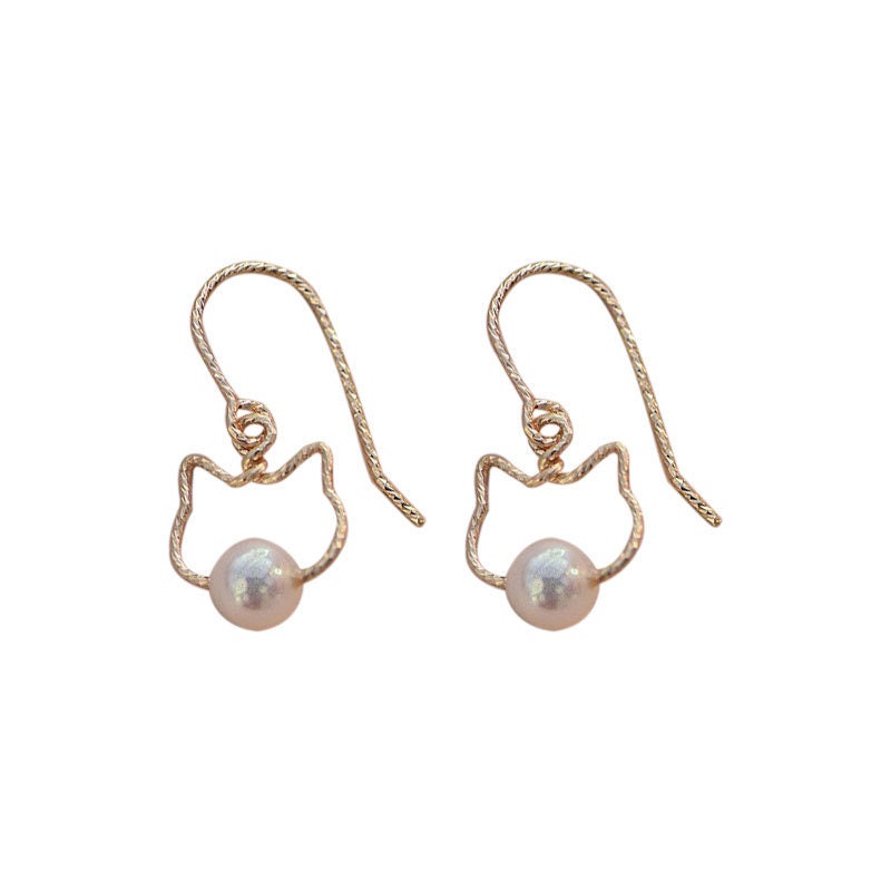 1 Pair | Dainty Gold Hollow-out Cat Drop & Dangle Earrings, Simulated Pearl Cat Drop Earrings, Minimalist Kitty/Animal Dangle Earrings, E257