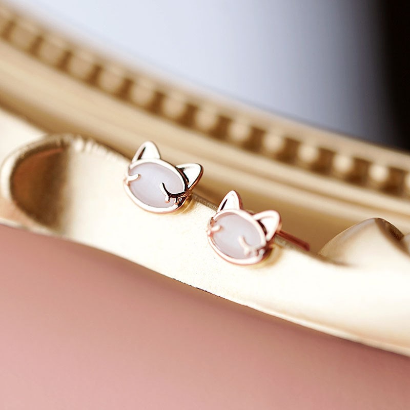 Champagne Gold Cute Cat Opal Earrings, 14k Rose Gold Plated 925 Silver Adorable Kitty Studs, Kitten Earring, Minimalist Animal Earring, E258