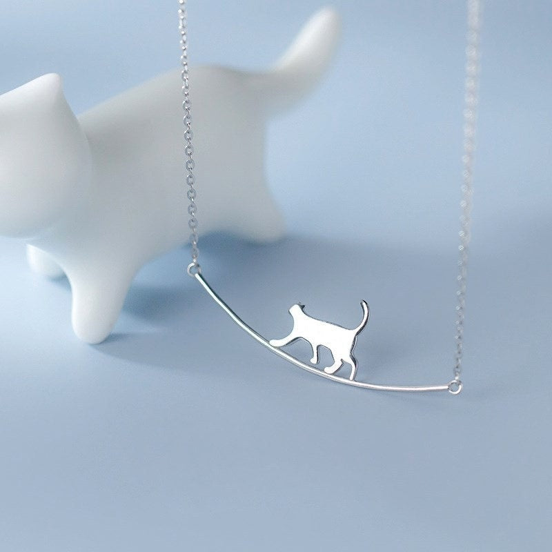 Sterling Silber Einzigartige Walking Cat Halskette, Skinny Clavicle Chain Kitty Halskette, Walking Cat Anhänger, Statement Tier Halskette, Geschenk, N47