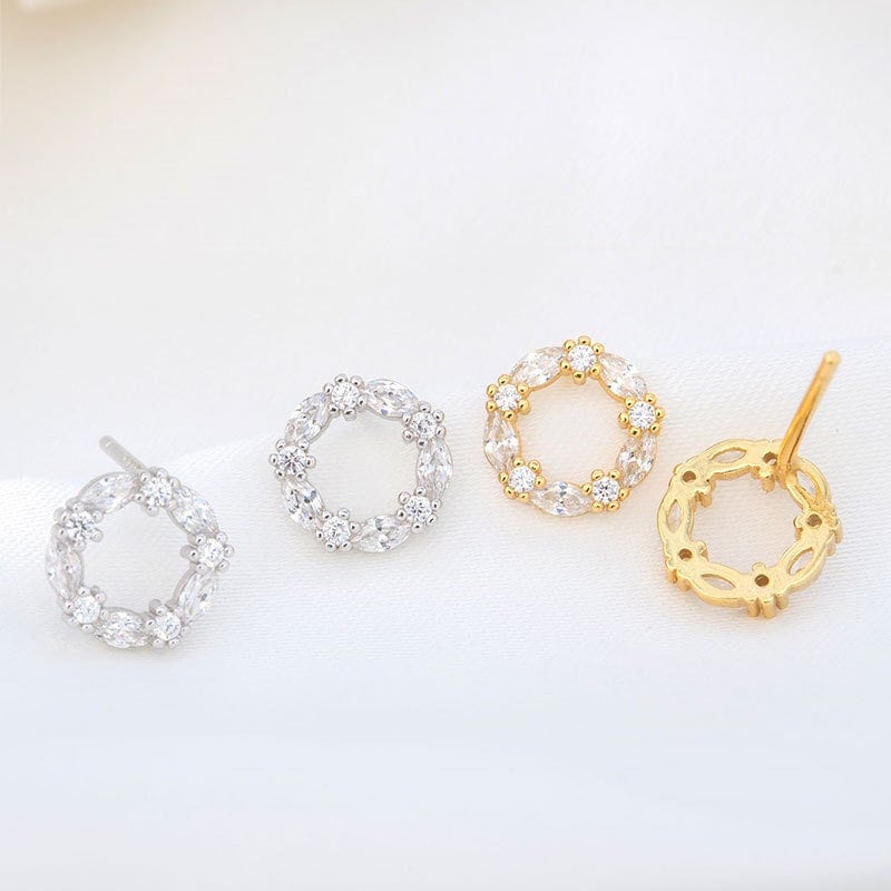 1 Pair | 14k Gold Plated 925 Silver Circle CZ Stud Earrings, Sparkly CZ Circle Studs, Minimalist Round Studs, E263