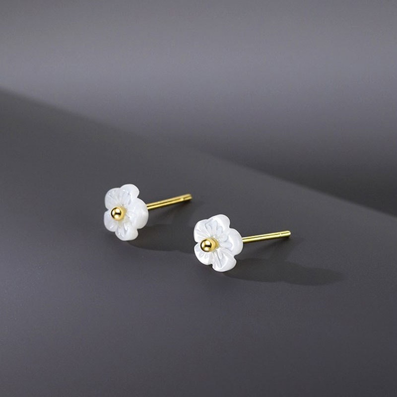 925 Silver Tiny Shell Flower Stud Earrings, Dainty Mother of Pearl Flower Earrings, Minimalist Flower/Plant Studs, Silver or Gold, E232