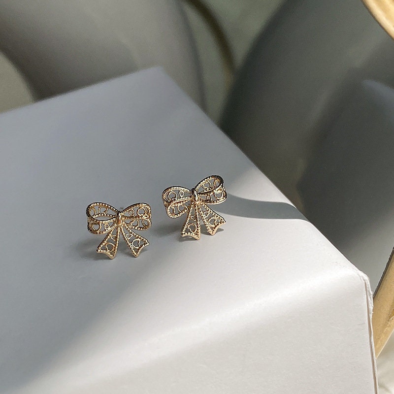 14k Gold Plated 925 Silver Dainty Bowknot Stud Earrings, Hollow-out Bowknot Earrings, Delicate Gold Bow Earrings, Minimalist Earrings, E264