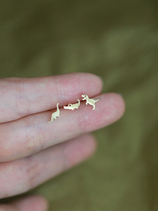 1 Pair | 14k Gold Plated 925 Silver Tiny Dinosaur Stud Earrings, Gold Tyrannosaurus/Brachiosaurus/Crocodile Earrings, Animal Earrings, E237