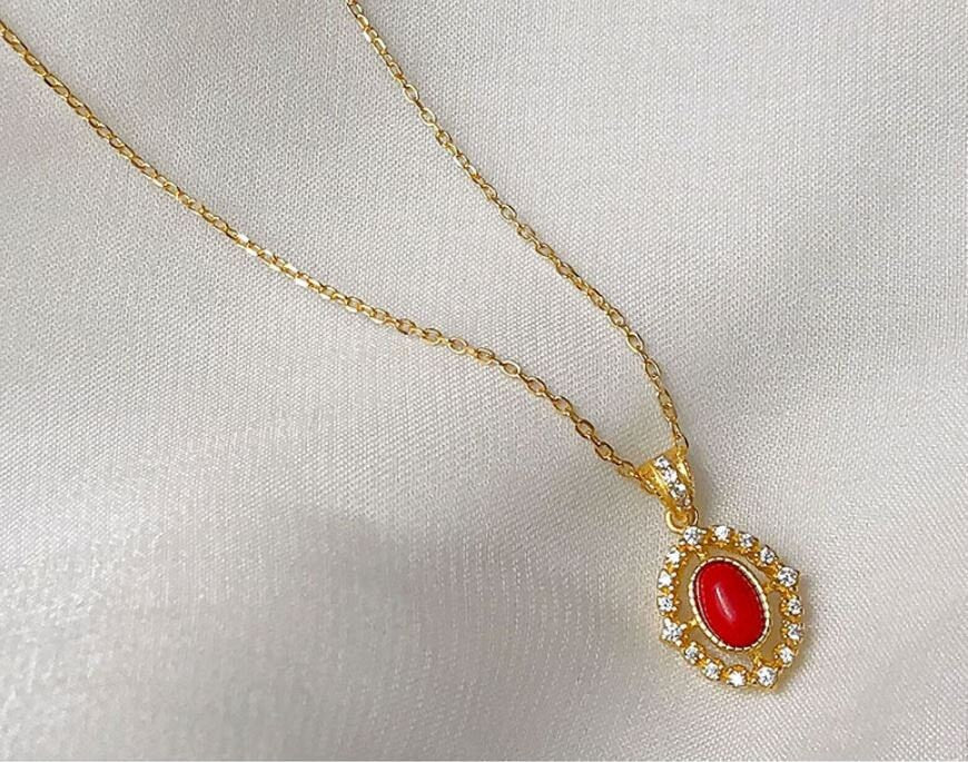 14k Gold Plated Sterling Silver Dainty CZ Oval Red Necklace, Sparkly CZ Oval-shape Red Resin Pendant, Minimalist, Party Necklace, Gift,  N51