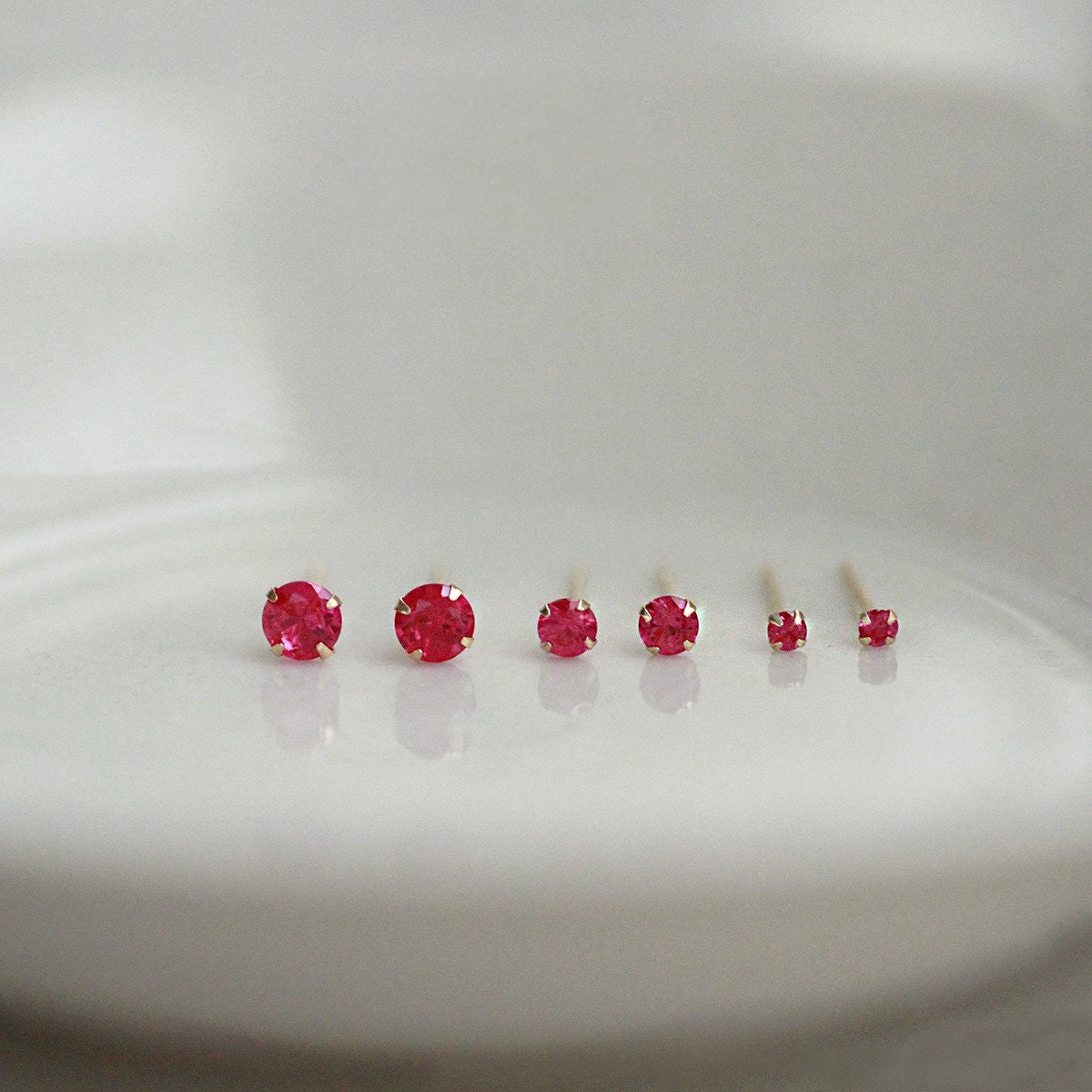 1 Pair | 14k Gold Plated 925 Silver Round Cut Ruby CZ Stud Earrings, Tiny Simple Red Studs, Minimalist Studs, Helix/Tragus Studs, E244