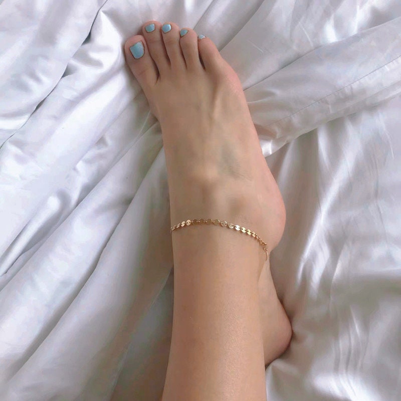 14k Gold Plated Sterling Silver Gold Coin Charm Anklets, Dainty Disc Charm Ankle Bracelet, Disc-Linked Gold Anklet, Minimalist Anklet, A04