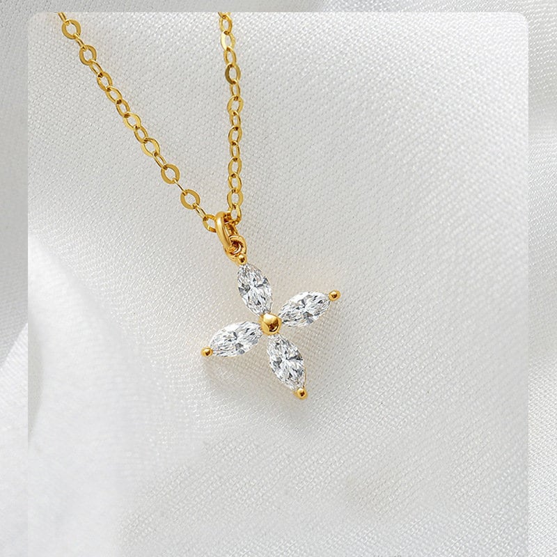 14k Gold Plated 925 Silver Dainty CZ Cross Flower Necklace, Minimalist Flower Necklace, Sparkly Clover CZ Necklace, Clover Pendant, Gift N39