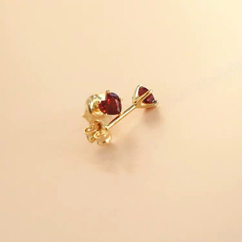 1 Pair | Gold Tiny Ruby CZ Heart Stud Earrings, Garnet CZ heart Studs, Minimalist Heart Earrings, Simple Classic Heart Earrings, Gifts, E277