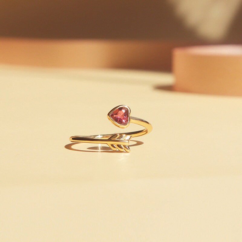 Gold Plated 925 Silver Tourmaline Cupid's Arrow Adjustable Ring, Rose Red Heart Ring, Gold Open Size Ring, Cupid's Arrow Open Ring Gift, R14