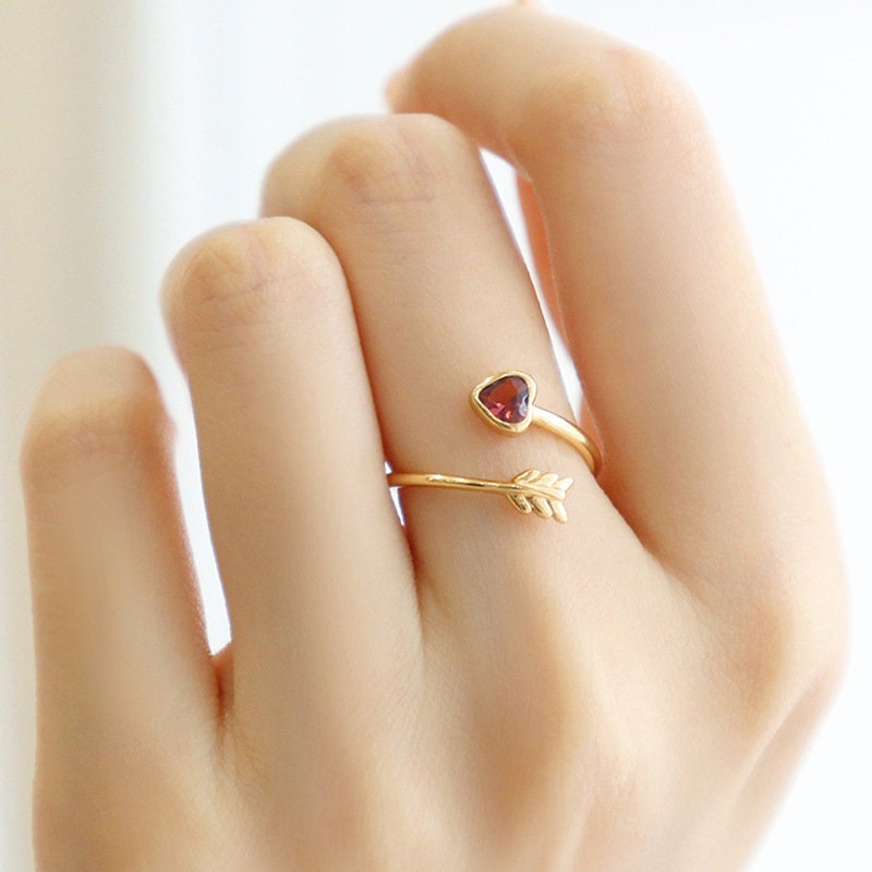 Gold Plated 925 Silver Tourmaline Cupid's Arrow Adjustable Ring, Rose Red Heart Ring, Gold Open Size Ring, Cupid's Arrow Open Ring Gift, R14