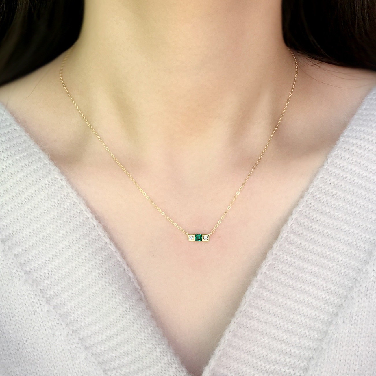 14k Gold Plated 925 Silver Emerald CZ Necklace, Dainty CZ Bar Necklace, Sparkly CZ Line Necklace, Emerald Rectangle Necklace, Minimalist N42