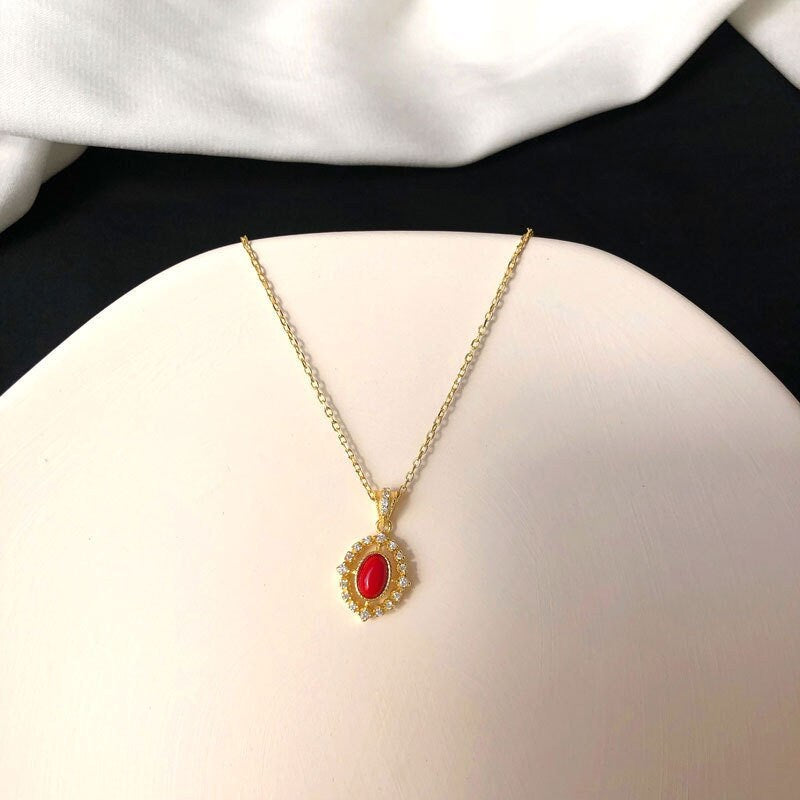 14k Gold Plated Sterling Silver Dainty CZ Oval Red Necklace, Sparkly CZ Oval-shape Red Resin Pendant, Minimalist, Party Necklace, Gift,  N51