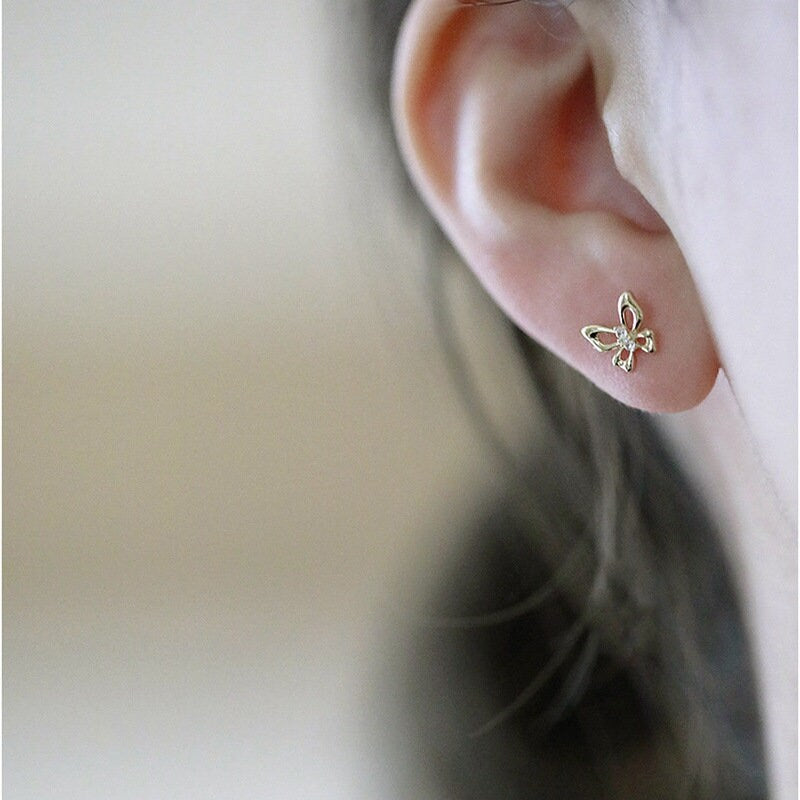 1 Pair | 14k Gold Plated Sterling Silver Butterfly CZ Stud Earrings, Gold Butterfly Earrings, Animal Earrings,  Minimalist Earrings, E255