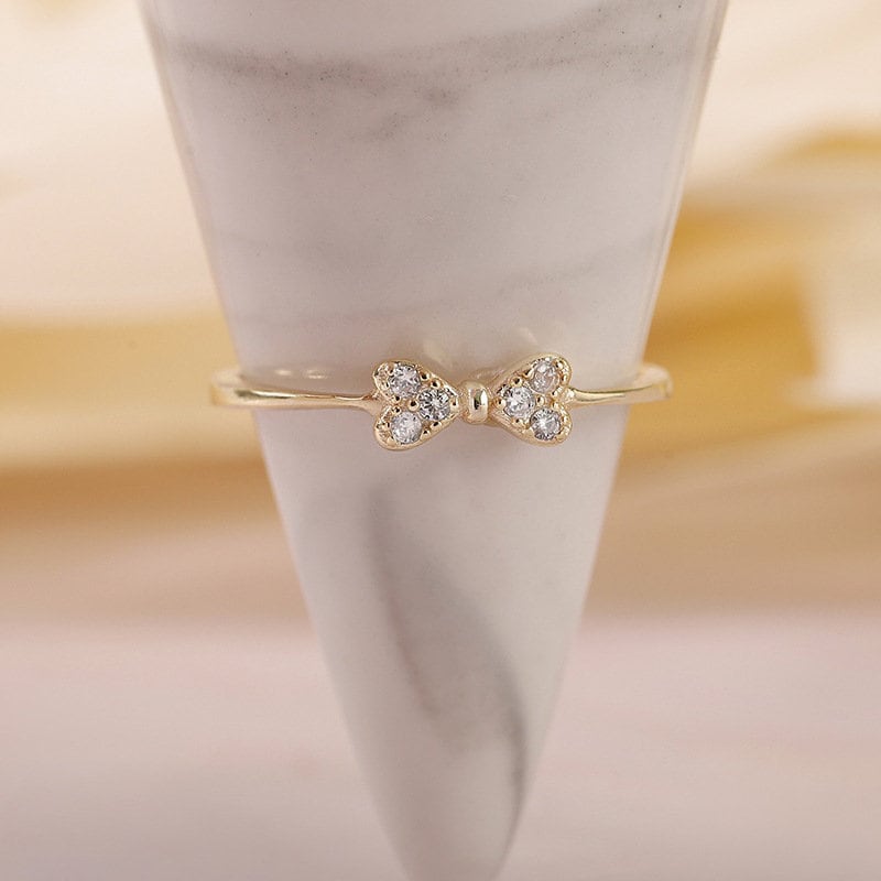 Dainty Bowknot CZ Adjustable Ring, 14k Gold Plated 925 Silver Sparkly CZ Bow Adjustable Ring, Delicate CZ Open Ring, Skinny Ring, Gifts, R15