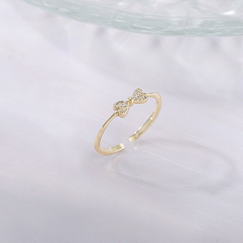 Dainty Bowknot CZ Adjustable Ring, 14k Gold Plated 925 Silver Sparkly CZ Bow Adjustable Ring, Delicate CZ Open Ring, Skinny Ring, Gifts, R15