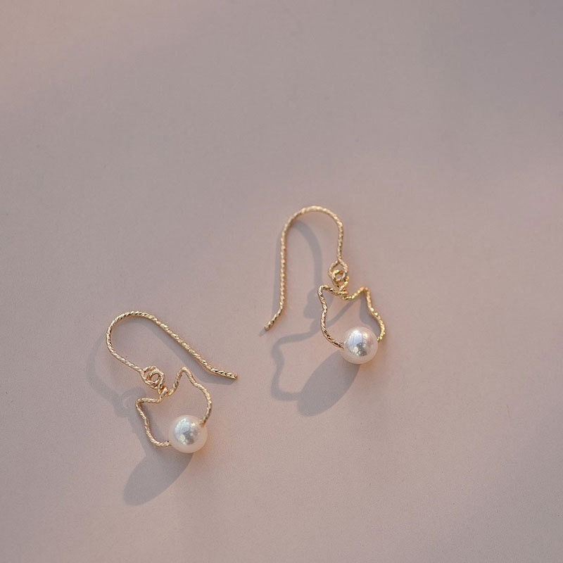 1 Pair | Dainty Gold Hollow-out Cat Drop & Dangle Earrings, Simulated Pearl Cat Drop Earrings, Minimalist Kitty/Animal Dangle Earrings, E257