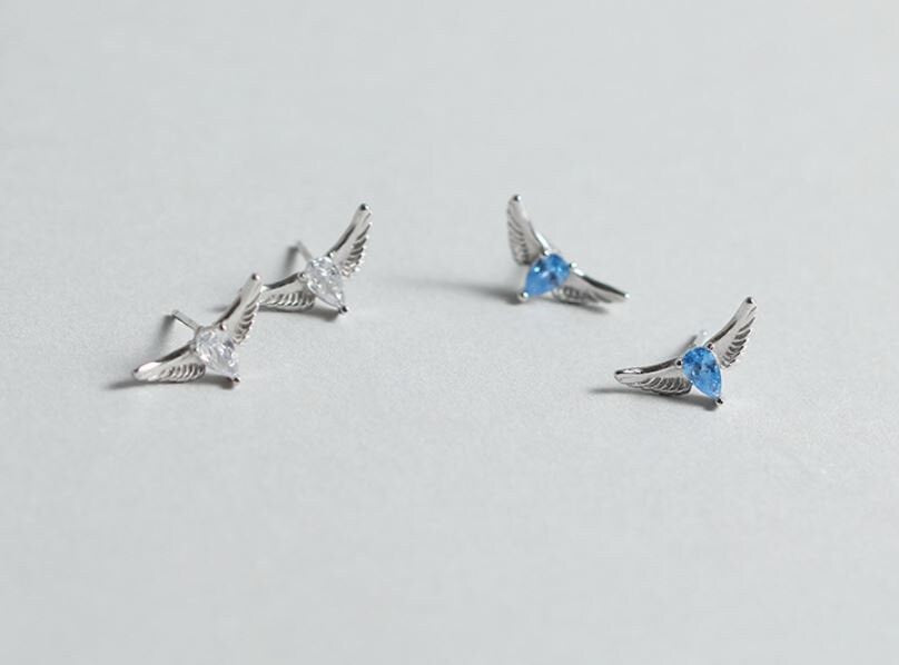 Sterling Silver Blue CZ Angel Wing Earrings, Dainty Angel Wings Stud Earrings, Angel Earrings, Minimalist Earrings, Gifts for Her, E279