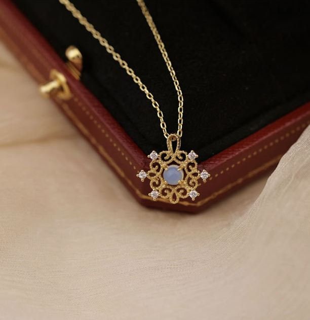 Gold Plated 925 Silver Moonstone & CZ Necklace, Vintage Lace Style Paving CZ Necklace, Gold Moonstone Pendant, Minimalist CZ Necklace, N48