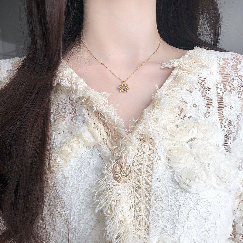 Gold Plated 925 Silver Moonstone & CZ Necklace, Vintage Lace Style Paving CZ Necklace, Gold Moonstone Pendant, Minimalist CZ Necklace, N48