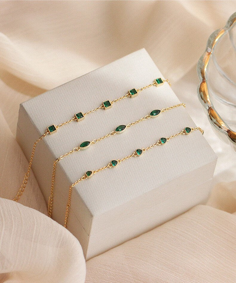 14k Gold Plated Sterling Silver Emerald CZ Bracelet, Dainty Square/Heart/Oval Shape Emerald Bracelet, Green CZ Bracelet, Minimalist Bracelet