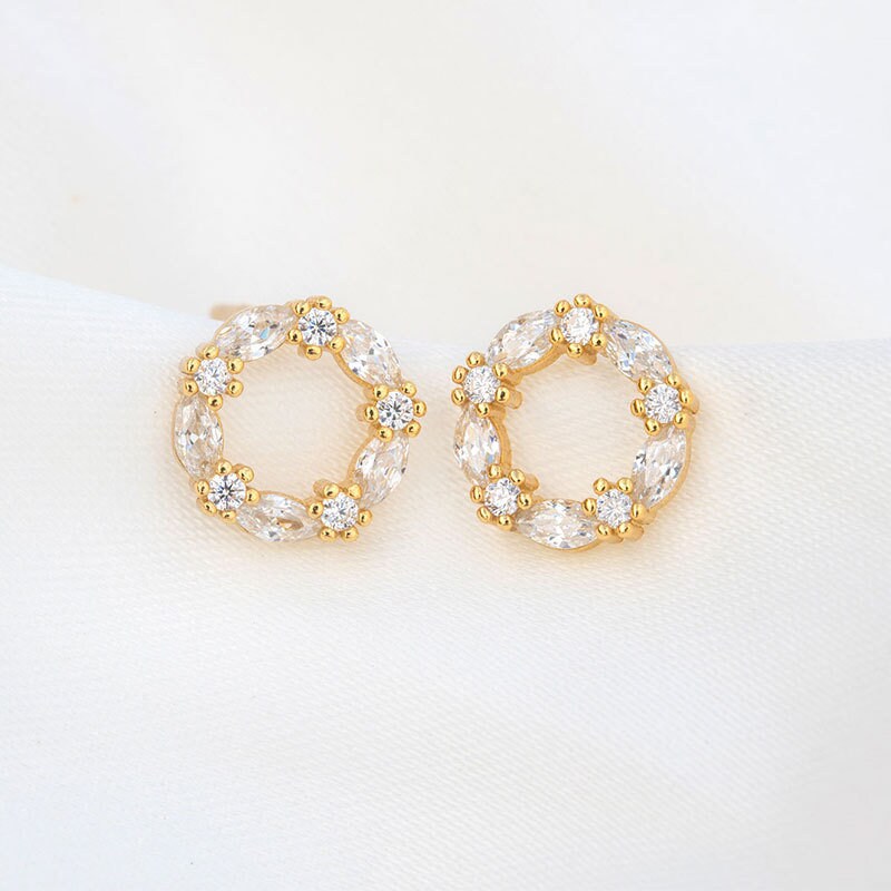 1 Pair | 14k Gold Plated 925 Silver Circle CZ Stud Earrings, Sparkly CZ Circle Studs, Minimalist Round Studs, E263