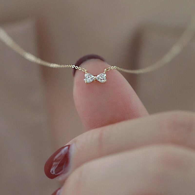 14k Gold Plated 925 Silver Tiny Bowknot CZ Necklace, Gold Ribbon Bow Pendant, Dainty CZ Gold Necklace, Minimalist Necklace, Two Color, N22