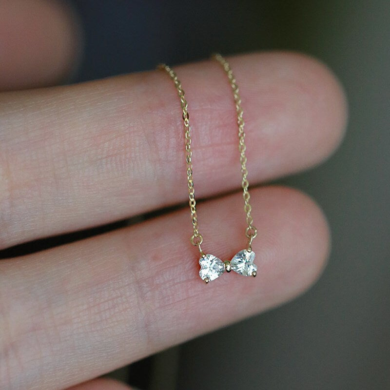 14k Gold Plated 925 Silver Tiny Bowknot CZ Necklace, Gold Ribbon Bow Pendant, Dainty CZ Gold Necklace, Minimalist Necklace, Two Color, N22