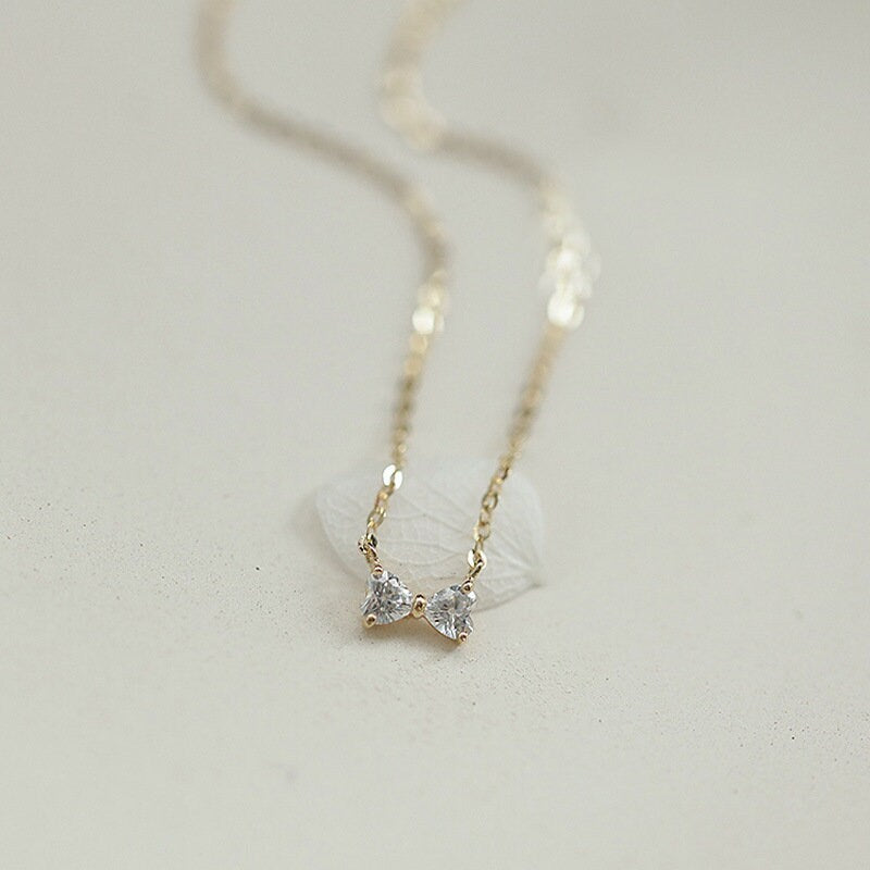 14k Gold Plated 925 Silver Tiny Bowknot CZ Necklace, Gold Ribbon Bow Pendant, Dainty CZ Gold Necklace, Minimalist Necklace, Two Color, N22