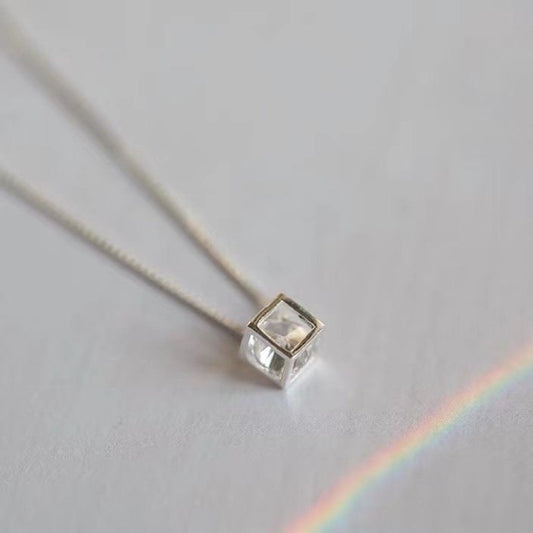 925 Silver CZ Hollow-out Cubic Necklace, Sparkly CZ Cubic Necklace,  Silver Cubic CZ Pendant, Minimalist Necklace, N49