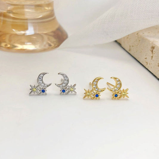 925 Silver Dainty Star & Crescent Moon CZ Earrings, Blue Sapphire CZ Celestial Earrings, Gold Starburst Earring, Silver or Gold, E10