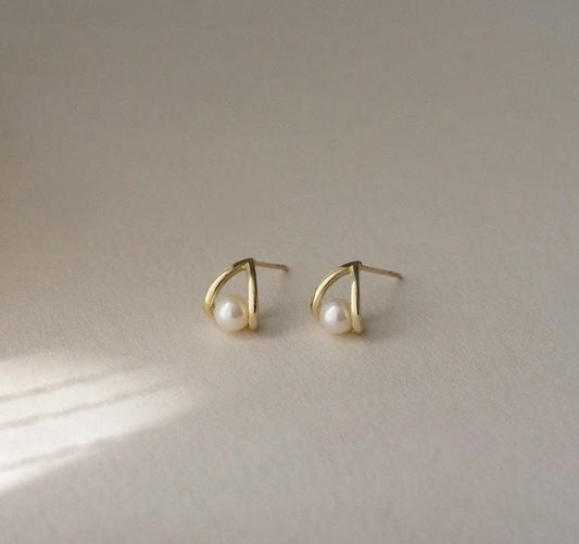 14k Gold Plated Sterling Silver Pearl Stud Earrings, Dainty Simulated Pearl Geometry Earrings, Minimalist Gold Earring, Gifts for Her, E284