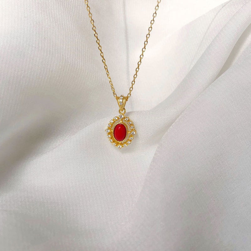 14k Gold Plated Sterling Silver Dainty CZ Oval Red Necklace, Sparkly CZ Oval-shape Red Resin Pendant, Minimalist, Party Necklace, Gift,  N51