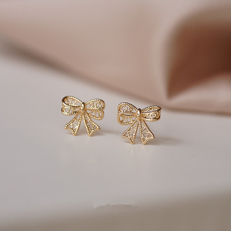 14k Gold Plated 925 Silver Dainty Bowknot Stud Earrings, Hollow-out Bowknot Earrings, Delicate Gold Bow Earrings, Minimalist Earrings, E264