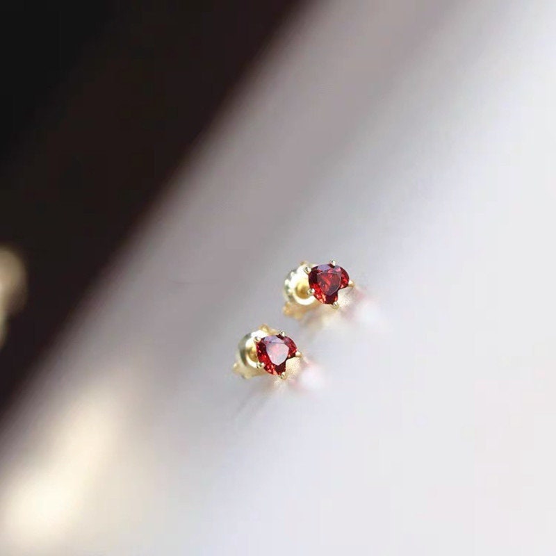 1 Pair | Gold Tiny Ruby CZ Heart Stud Earrings, Garnet CZ heart Studs, Minimalist Heart Earrings, Simple Classic Heart Earrings, Gifts, E277