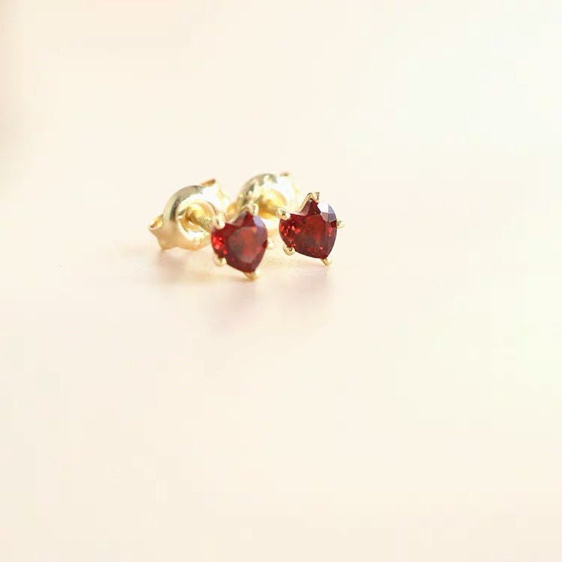 1 Pair | Gold Tiny Ruby CZ Heart Stud Earrings, Garnet CZ heart Studs, Minimalist Heart Earrings, Simple Classic Heart Earrings, Gifts, E277