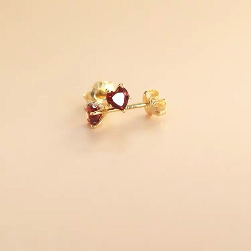 1 Pair | Gold Tiny Ruby CZ Heart Stud Earrings, Garnet CZ heart Studs, Minimalist Heart Earrings, Simple Classic Heart Earrings, Gifts, E277