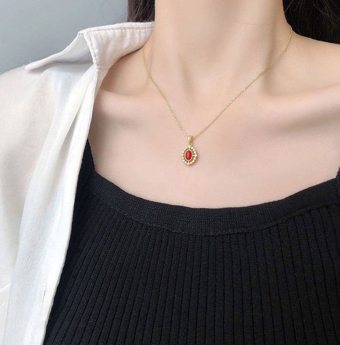 14k Gold Plated Sterling Silver Dainty CZ Oval Red Necklace, Sparkly CZ Oval-shape Red Resin Pendant, Minimalist, Party Necklace, Gift,  N51