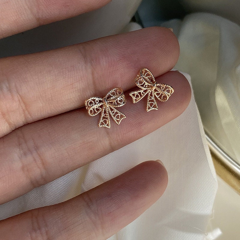 14k Gold Plated 925 Silver Dainty Bowknot Stud Earrings, Hollow-out Bowknot Earrings, Delicate Gold Bow Earrings, Minimalist Earrings, E264