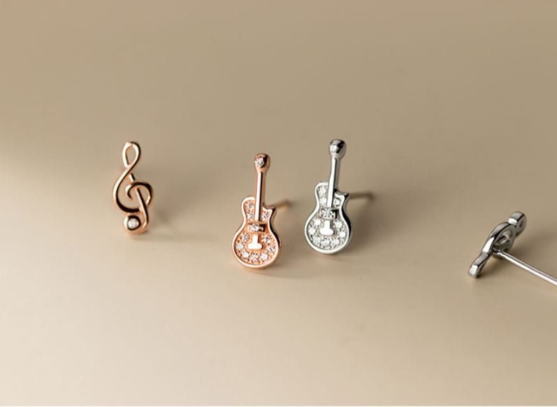 Dainty Guitar & Music Stud Earrings, Mismatched Music Earrings, Earrings for Music Lover, Minimalist, Silver or Rose Gold, Gift for her E283