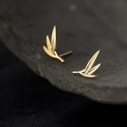 14k Gold over 925 Silver Bamboo Leaf Earrings, Branch Leaf Earring, Dainty Plant Earrings, Unique Earrings, Minimalist, Gifts, E254