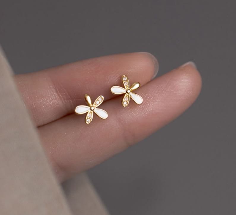 14K Gold Plated 925 Silver Delicate Flower Stud Earrings, CZ Flower Studs, Plant Earring, Sweet Pretty Design, Minimalist Studs, Gift,  E290