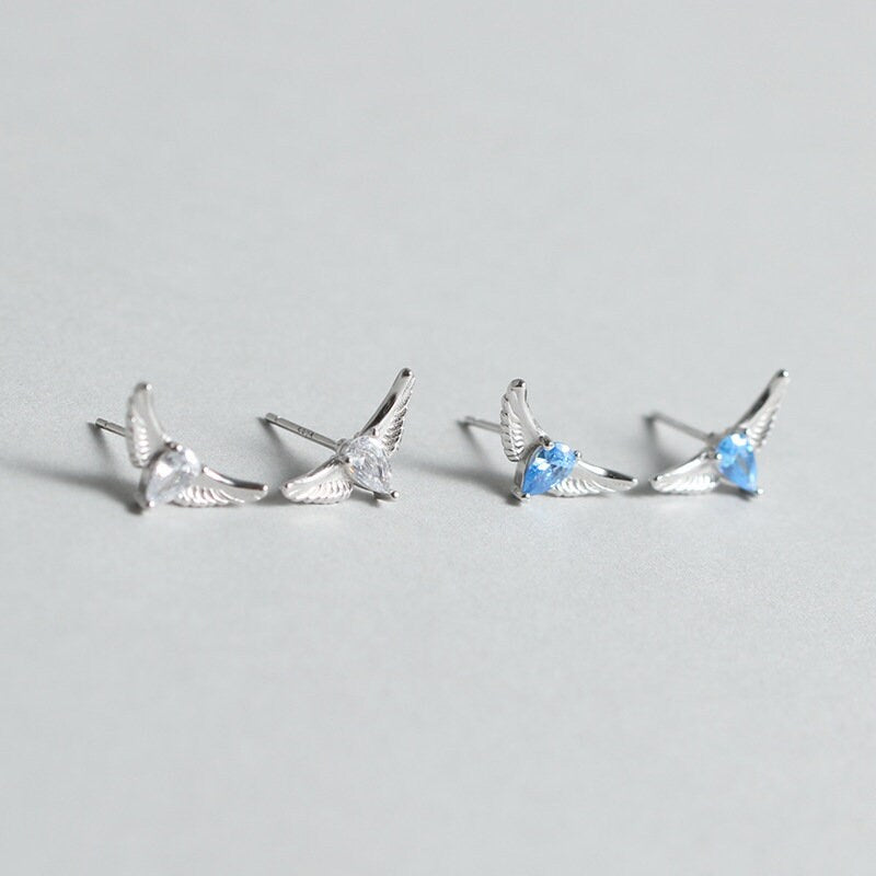 Sterling Silver Blue CZ Angel Wing Earrings, Dainty Angel Wings Stud Earrings, Angel Earrings, Minimalist Earrings, Gifts for Her, E279