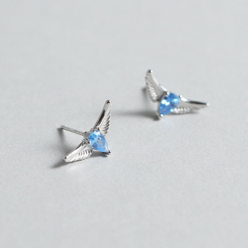 Sterling Silver Blue CZ Angel Wing Earrings, Dainty Angel Wings Stud Earrings, Angel Earrings, Minimalist Earrings, Gifts for Her, E279