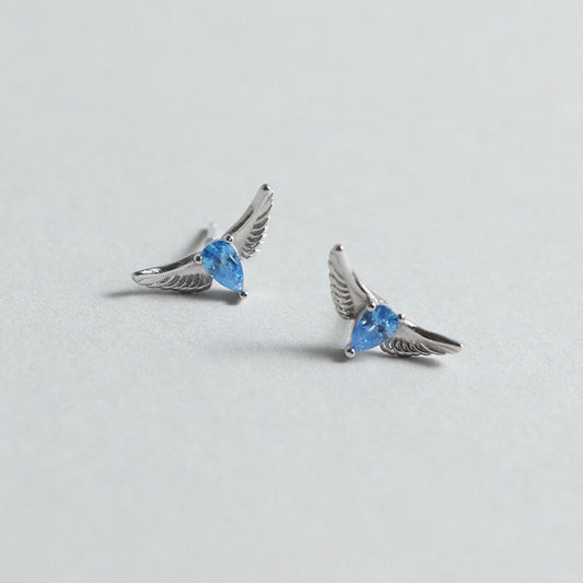 Sterling Silver Blue CZ Angel Wing Earrings, Dainty Angel Wings Stud Earrings, Angel Earrings, Minimalist Earrings, Gifts for Her, E279