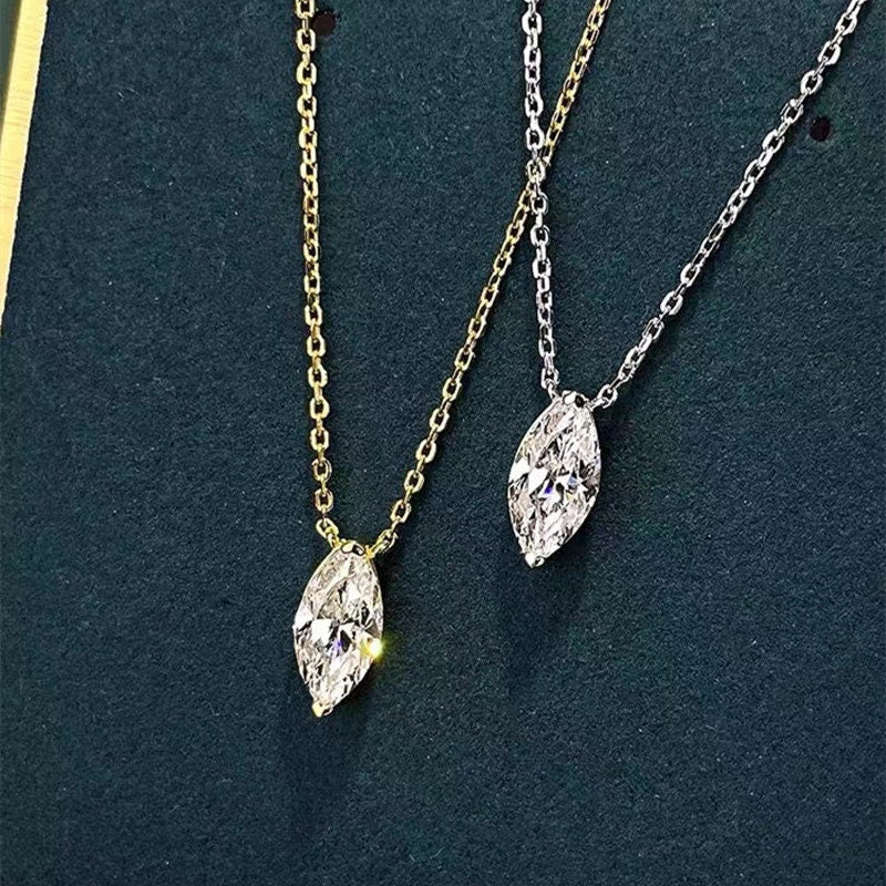 14k vergoldete Sterling Silber Marquise Diamant CZ Halskette, Funkelnder Marquise CZ Anhänger, zierlicher Gold Choker, minimalistische Halskette, Geschenk, N36